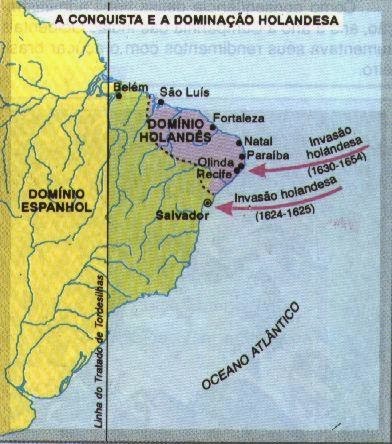 In Lila das Dutch Dominion oder New Holland. 24 Jahre lang kontrollierten die Niederländer die Zuckerproduktion von sechs brasilianischen Kapitänen, wobei Pernambuco der größte Produzent der Kolonie war.