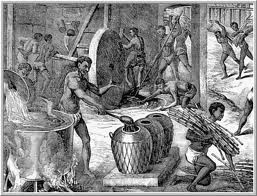 Innenraum einer Zuckerfabrik. Hier sieht man im Hintergrund des Bildes Sklaven, die die Mühle bewegen; Links sieht man einen Topf mit kochendem Zuckerrohrsaft und einen Sklaven, der die Melasse in Tongefäße abfüllt.